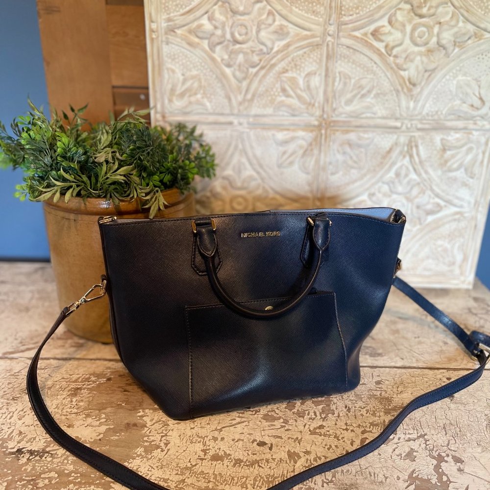 Navy Blue Michael Kors Tote Bag with Crossbody Strap